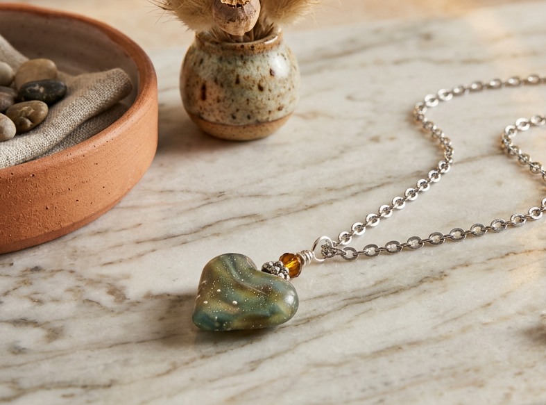 Artisan Lampwork Heart Necklace, Fine Silver Heart, 20 Inch, One of a Kind
