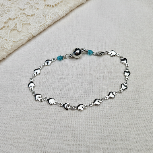 Steel Heart Bracelet, Teal Czech, Minimalist, Heart, Magnetic Clasp