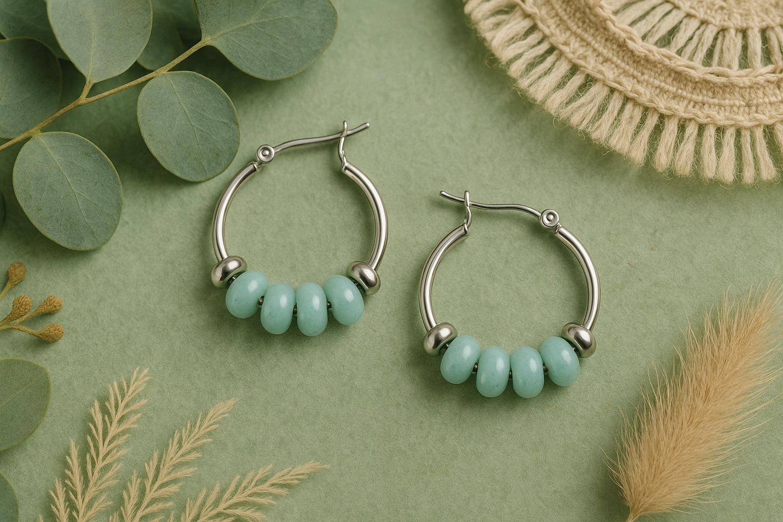 Steel hoop earrings with Amazonite beads and silver spacers on green boho background
